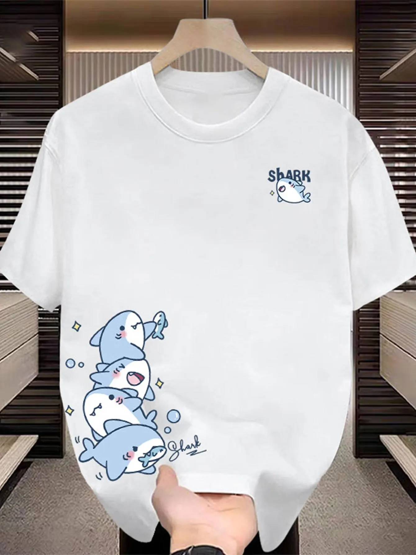 

Creative Shark Themed Trendy Short Sleeved T-shirt _ Comfortable and Breathable Pure Cotton, Suitable for Daily Wearing