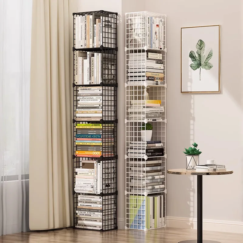 Space Saving Corner Bookshelf Freestanding Iron Grid Storage Rack Dormitory Multi Layer Desk Organizer Bookcase Book Rack