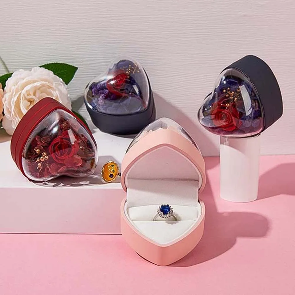 Composite Paper Heart Ring Box Rose Three-dimensional Ring Display Case Solid Color Earring Storage Jewelry Organizer Couple