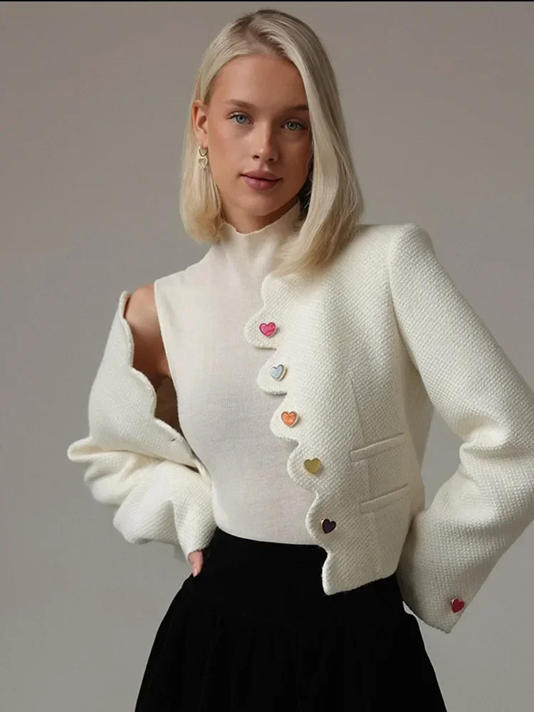 

Small Fragrance Lady Elegant Solid Cute Button Jacket Fashion Irregular Collar Long Sleeve Coat Woman Fall Causal Commuter Wears