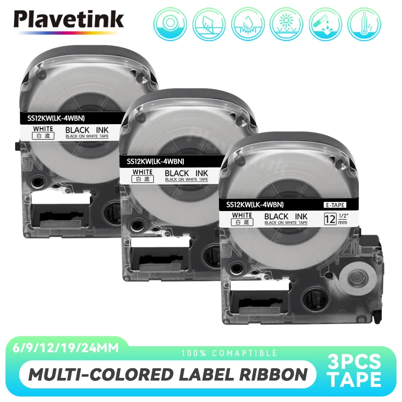 3PK PLAVETINK SS12KW SS9KW label tape Compatible for EPSON LW-300 LW-400 LW-600P LW-700 label Printer Black on White label maker