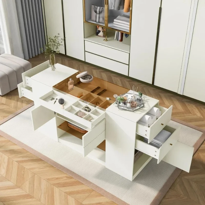 AA Modern Luxury Island Vanity Dresser, Multi-Functional Vanity Table with 6 Drawers and Open Shelves, Glass Tabletop, Display