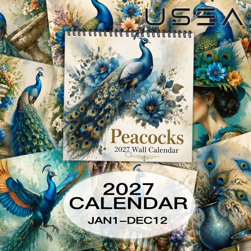 2027 Wall Calendar, Peacock Botanical Floral Hanging Calendar,Large Writable Blocks, US Federal Holidays, Aesthetic Boho Decor