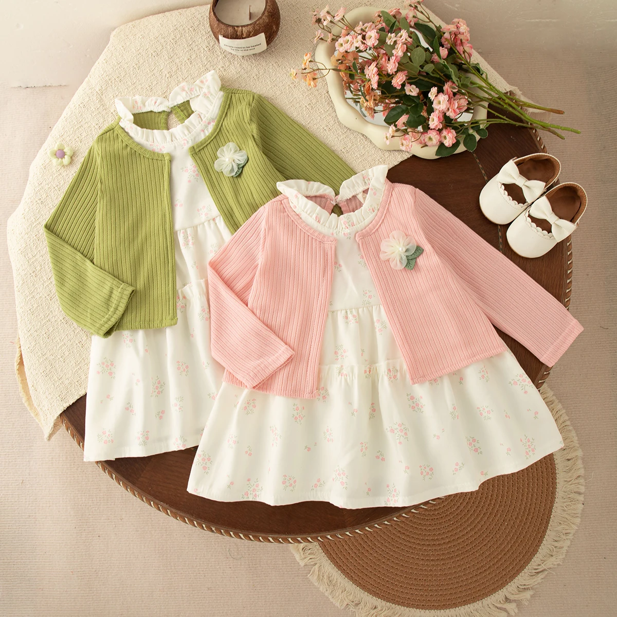 

Baby Girl Spring Autumn New Dress Flower Design Printed Pink Sweet Long Sleeve Dress for Girls Outing Clothing
