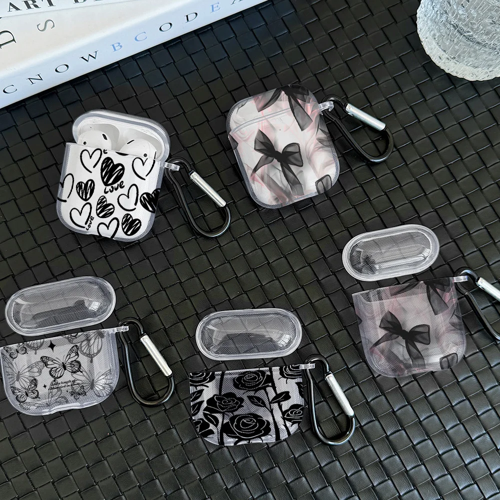Funda con diseño de lazo de corazón negro para AirPods Pro 2/Pro Gen, funda de auriculares de TPU para AirPods 4 2024 3 1 2 Gen, funda protectora para auriculares
