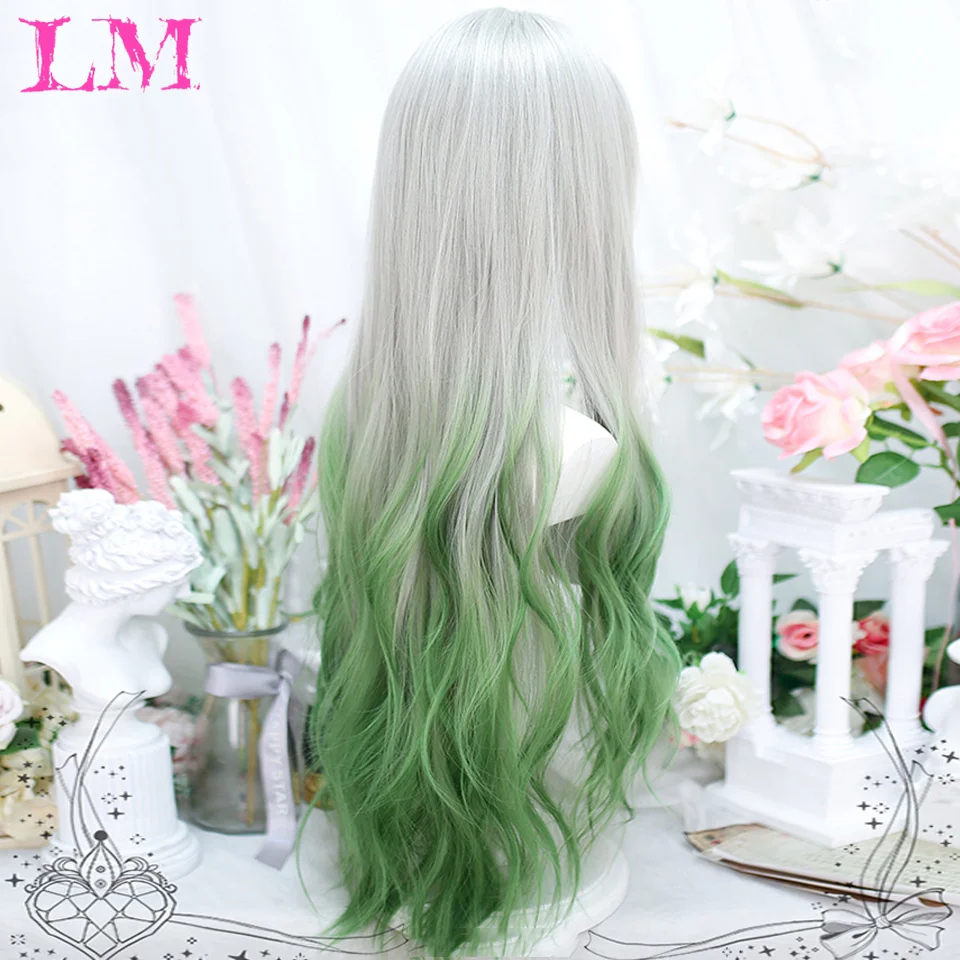 LM-Peluca de cabello sintético con flequillo para mujer, pelo largo ondulado, color verde degradado, color blanco y plateado, Natural, resistente al