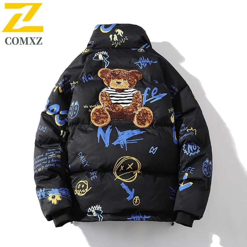 COMXZ Winter Jackets Thick Warm Graffiti Loose Travel Puffer Jacket Lightweight Snowy 90% White Duck Down Jacket Men's Clothing