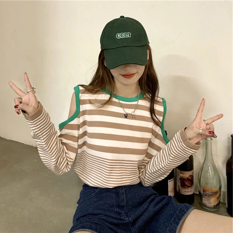 

Fall Striped Print Long Sleeve Women Cold Shoulder Knitted T Shirts Korean Fashion Casual Harajuku Oversized Inside Clothes Tops