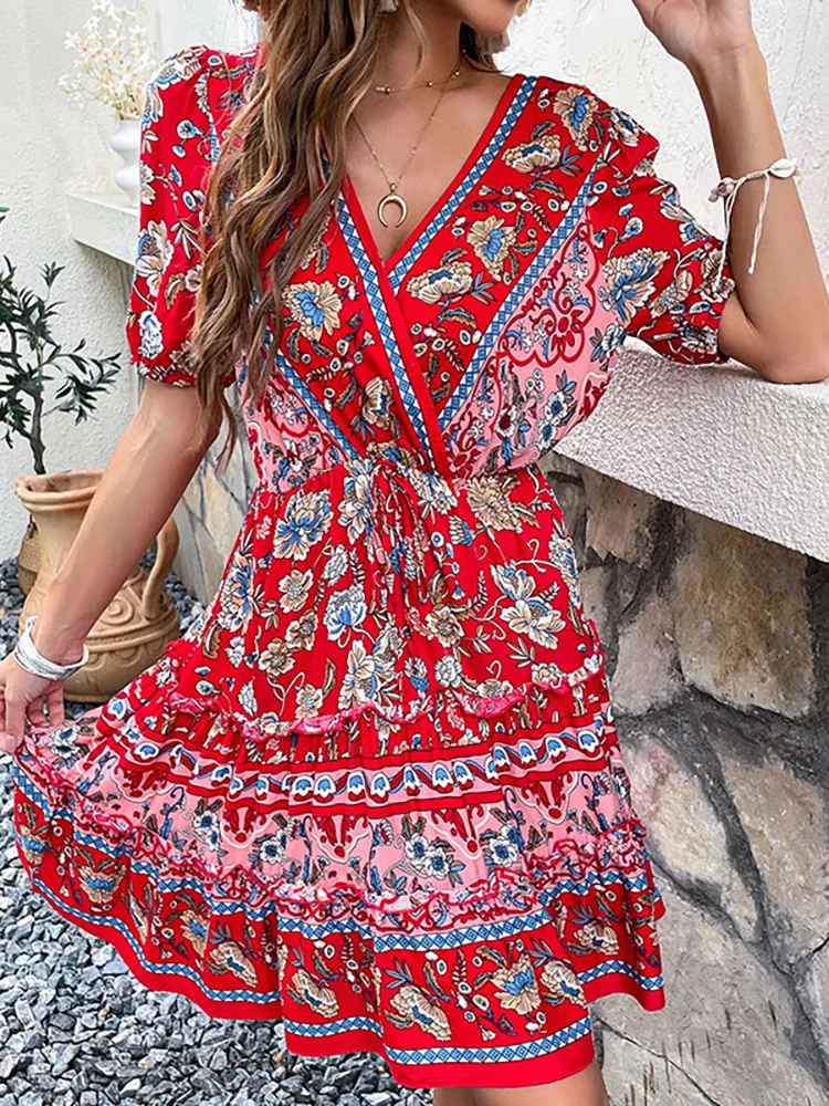 Jim & Nora Sommer elegante Boho Outfits für Damen Frauen Blumen druck Kurzarm V-Ausschnitt Mini kleider Strand tragen Kleid Mode