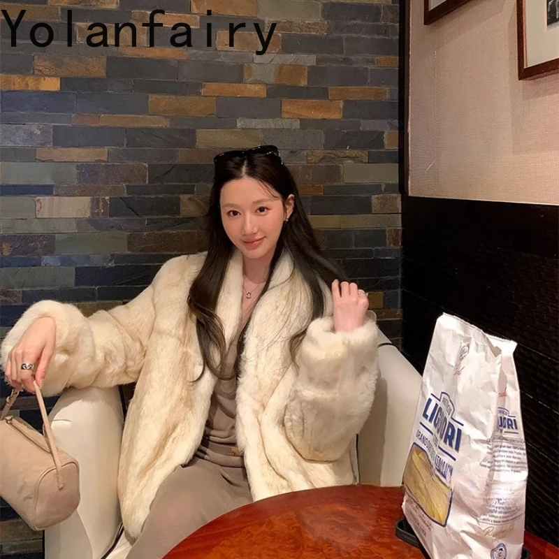 YOLANFAIRY 女性の本物のウサギの毛皮のコート高級ハイエンド V ネック長袖ファッションレディース天然ウサギの毛皮のジャケット 2025