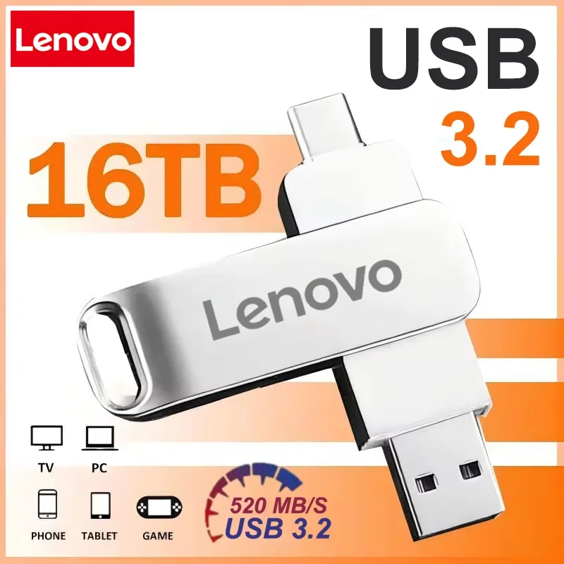 Lenovo USB3.2 USB-Stick 16TB OTG Pen Drive Hochgeschwindigkeits-Typ-C-Flash-Laufwerk Echte Kapazität Metall-Pendrive für Telefon und Computer