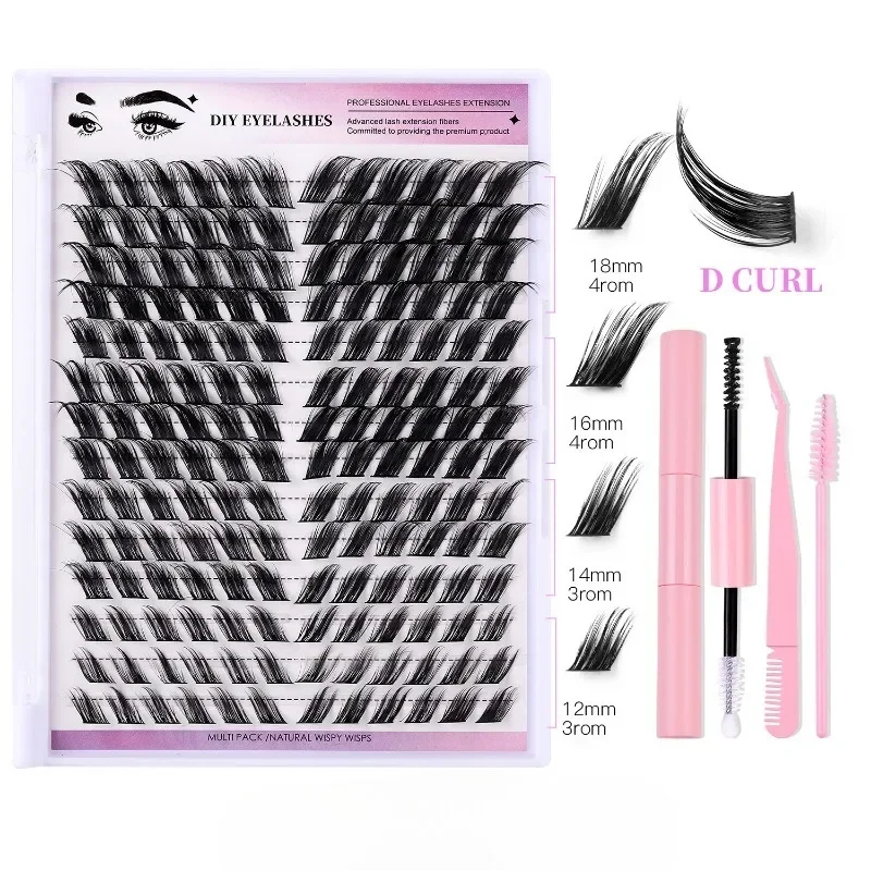 DIY Cluster Eyelash Extensions Kit com Bond e Seal Glue Set, cílios individuais, D Curl, Ferramentas de maquiagem para profissionais, 168pcs