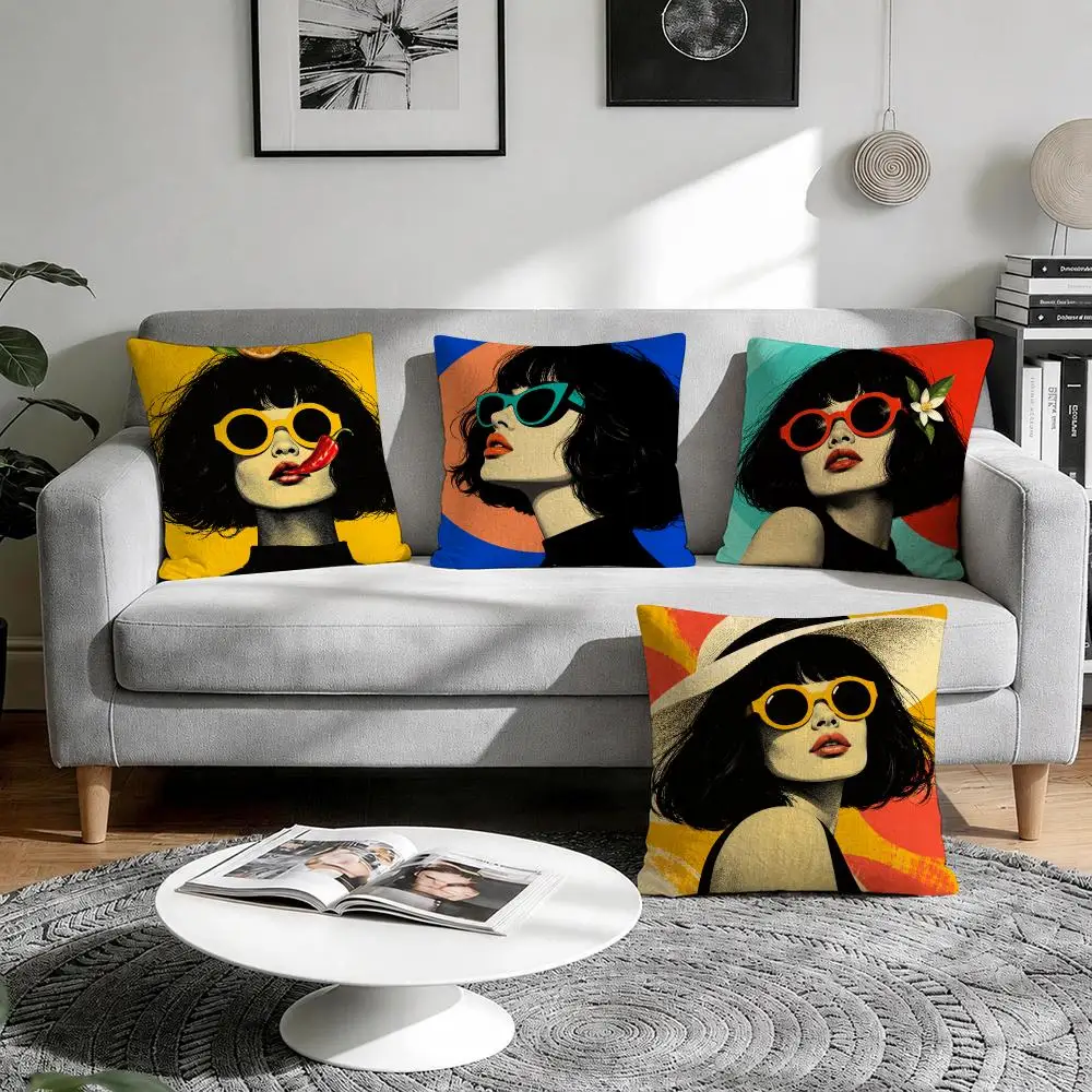 Pop Portrait Colorful Retro Cushion Cover 1/4Pcs Linen Throw Pillow Covers Double-Side Print Sofa Couch Living Room Decor