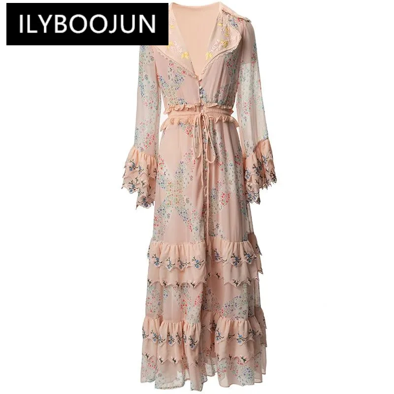 

ILYBOOJUN Fashion Designer Spring Summer Women's Notched Collar Butterfly sleeve Single-Breasted Printed Tiered Ruffles Dresses