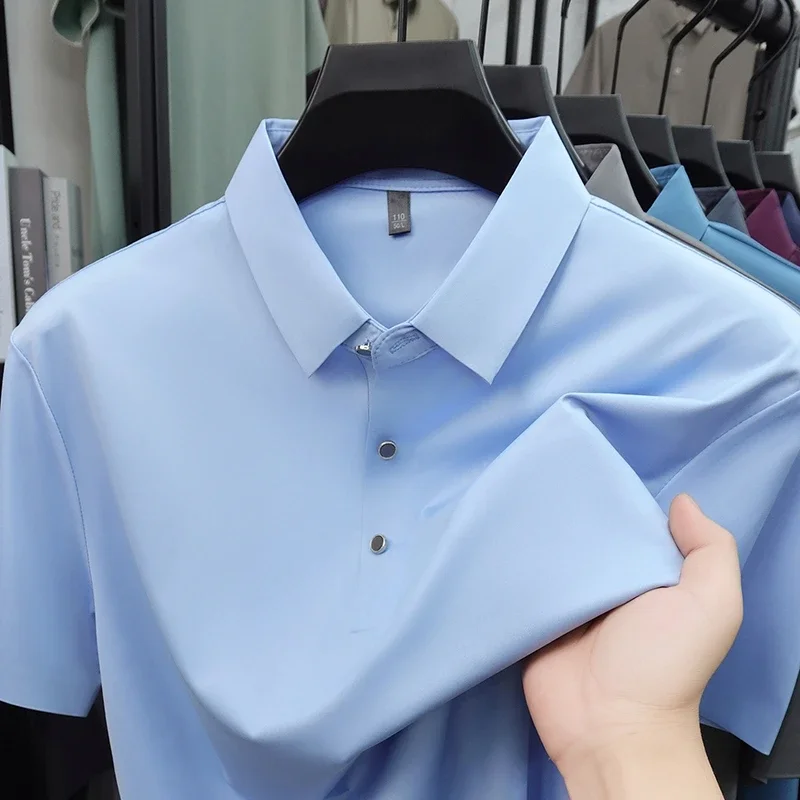2026 New Men's Solid Polo Shirt Wrinkle Resistant Ice Silk Fabric Short Sleeve For Office And Casual
