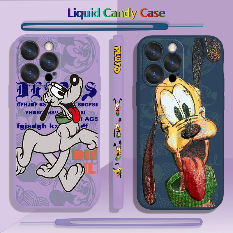 Disney mickey\'s dog pluto For Apple iPhone 15 14 13 12 11 Pro Max Plus 8 7 SE Liquid Left Rope Phone Case Capa Cover