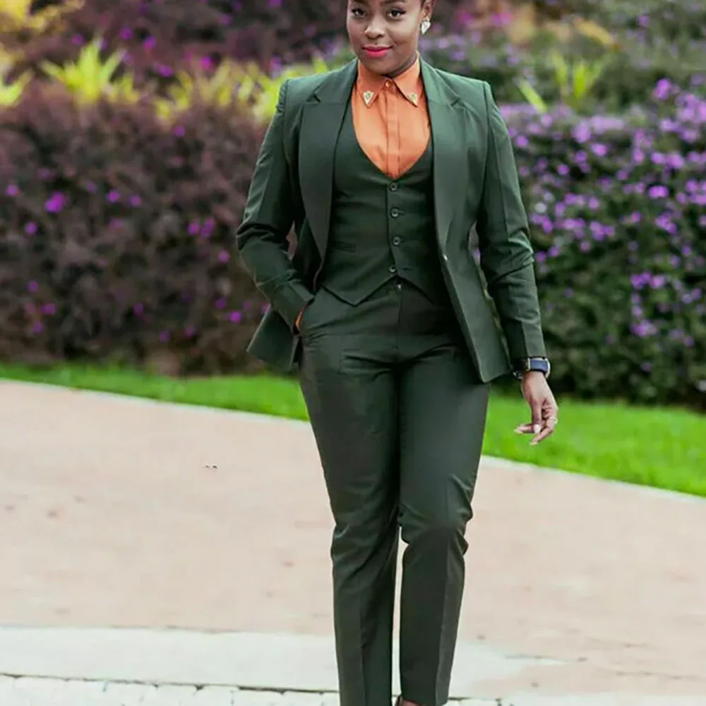 Green Women's Suits Plus Size Formal Wedding Party Tuxedo Business Three Pieces (Jacket+Pants+Vest) Modern Office Lady Set