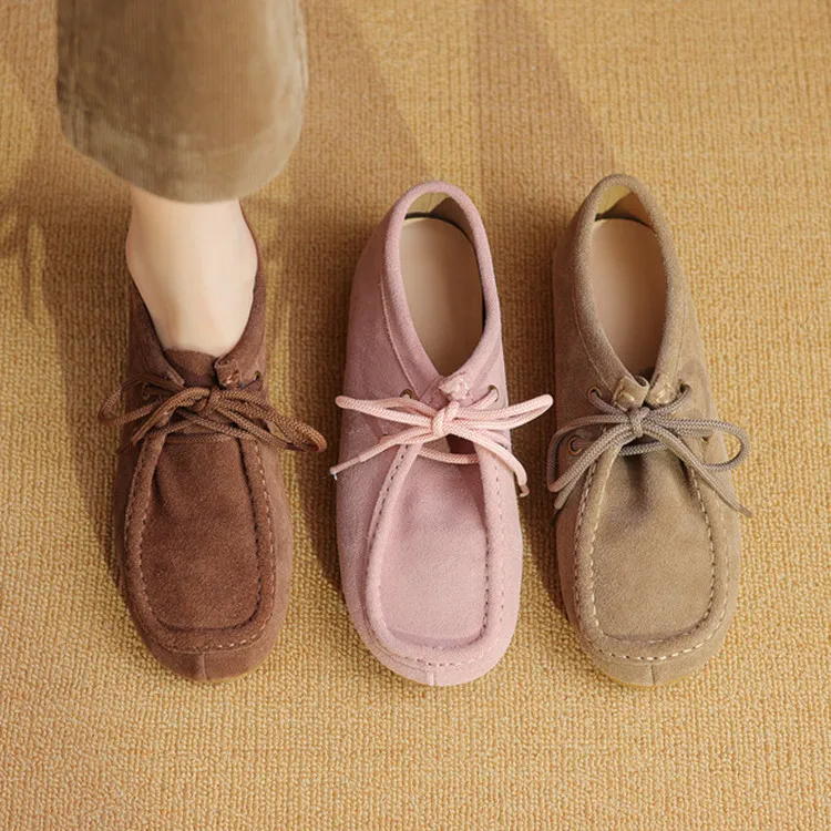 Pink Suede Women Shallow Flats Lace Up Casual Comfort Coffee Walking Shoes 2024New Designer Lady Espadrilles Femmes Moccasins