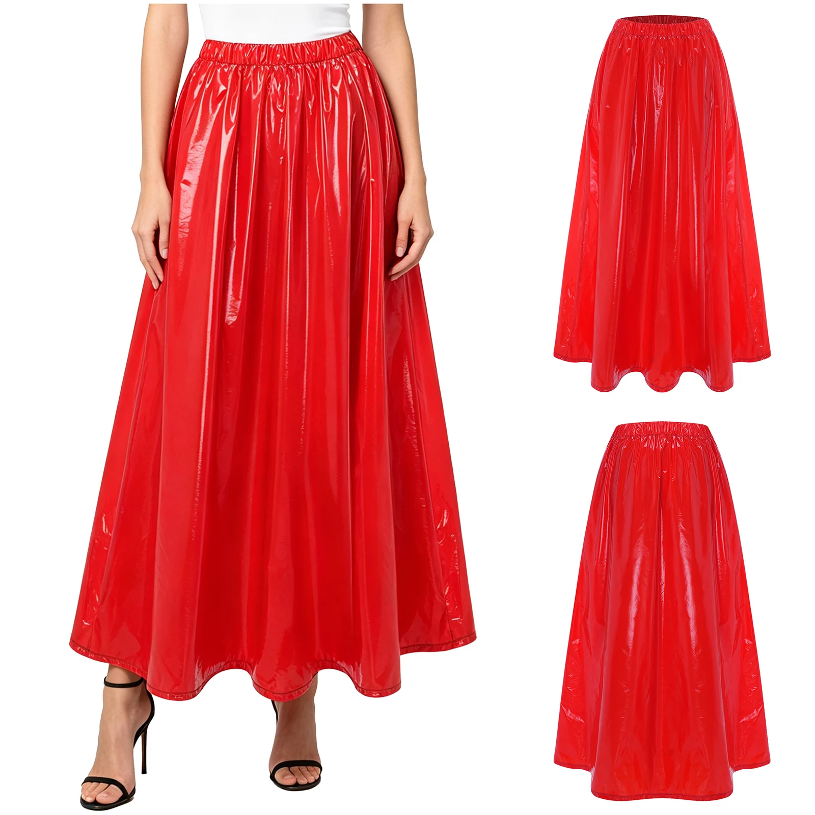 Women Solid Color Waterproof Glossy Pleated Long Skirt Beach Bikini Cover-ups Nightclub Rave Party Clubwear Streetwear Beachwear