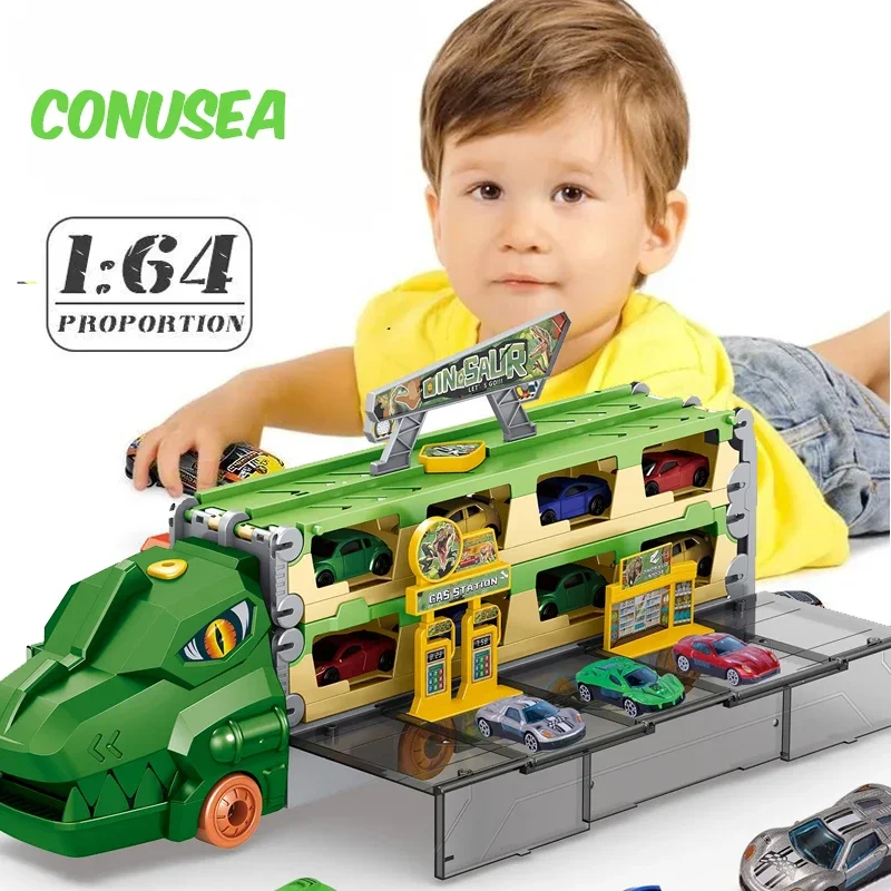 

2,1 м большой грузовик с выбросом, инерционный динозавр, складной контейнер для хранения, автомобиль с мини-сплавным автомобилем, игрушки для детей и мальчиков