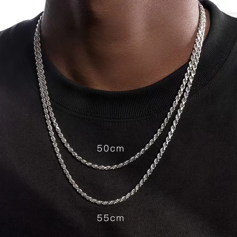 Silberfarbene 3mm Edelstahl-Halskette für Männer, Gedrehte Kette, Basis-Kette, Hip-Hop-Schmuck, Trendige Accessoires – Detail 2