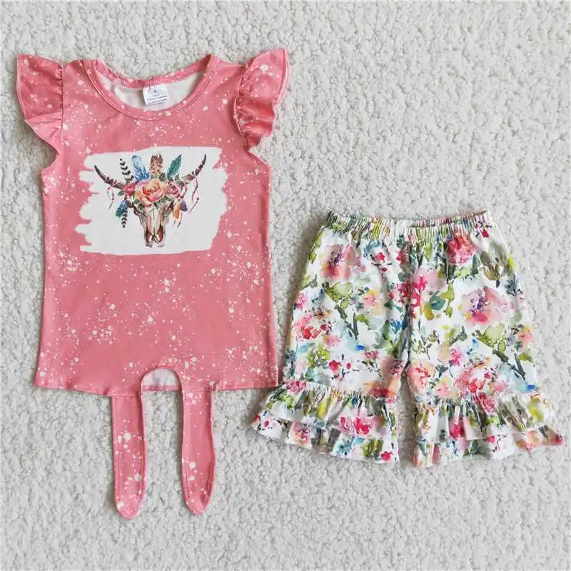 Supplier RTS Flowers Bull Head Pattern Strap Pink Flying Sleeve Short Sleeve Print Multilayer Shorts Children's Suit