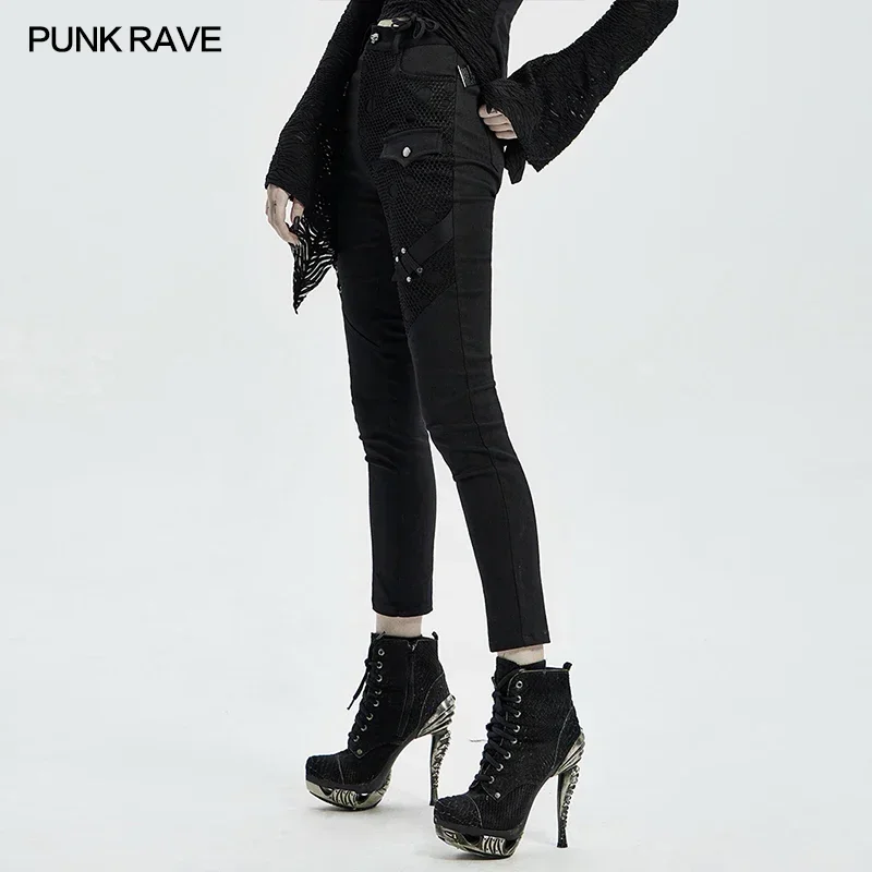 PUNK RAVE Women's Punk Daily Dark Denim Trousers Gothic Stitching Printed Skinny Pants Eyelet Through Rope and Zipper Design