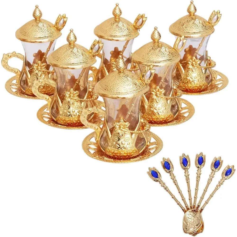 

Handmade Turkish Tea Glass Set - Traditional Turkish Motis, Set o 6 with Lids and Bonus Tea Spoons (Gold)