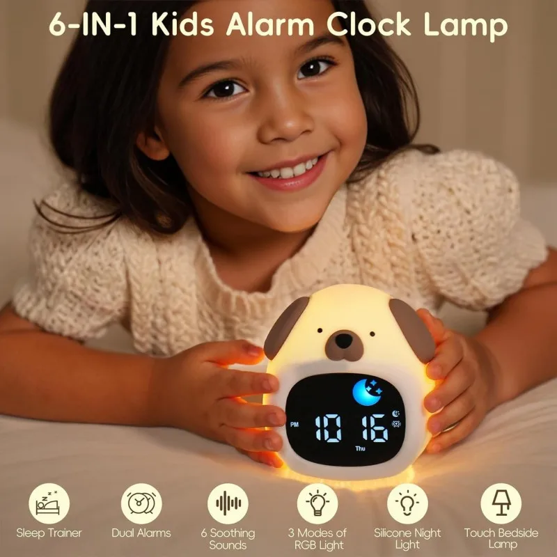 Alarm Clock for Kids Puppy-Shape Toddler Sleep Training Clock Cute Touch Night Light for Children Bedroom