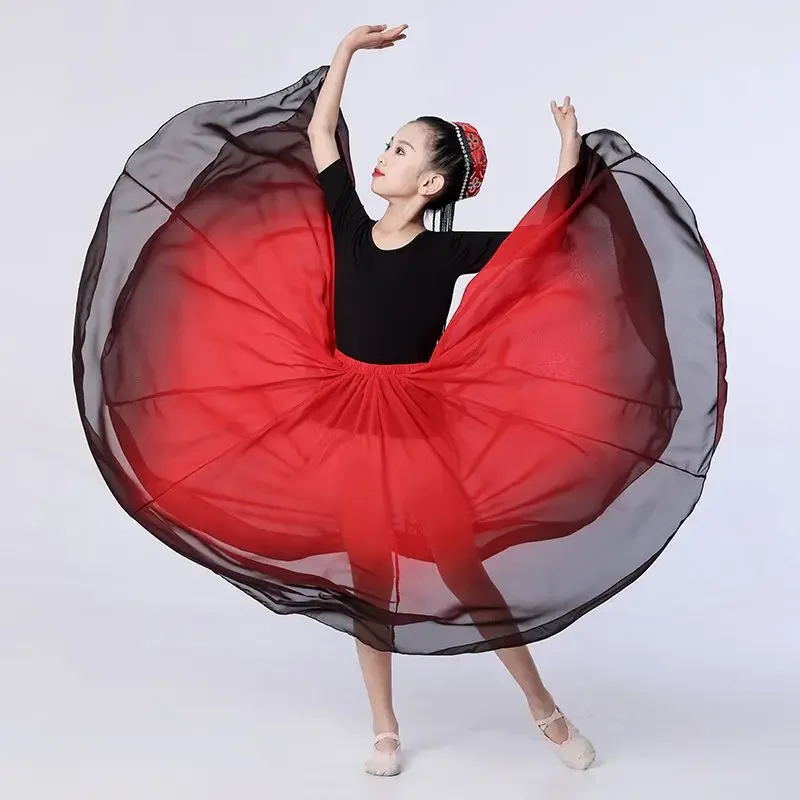 Novas crianças menina espanha dança flamenco chiffon saia para crianças desempenho de palco saias de dança 180/360/540/720 graus trajes