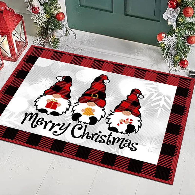 VIKAMA Holiday Doormat Green Plaid Border Gnome Holly Berry Gift Pattern Anti Slip Rug For Entryway Hallway Xmas Home Decor