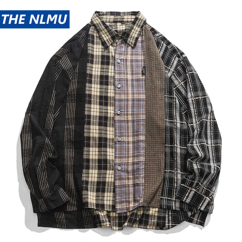 2024 Autumn Plaid Shirts Men Harajuku Hip Hop Streetwear Shirts Coats Long Sleeve Loose Casual Button Up Blouse Y2K Tops