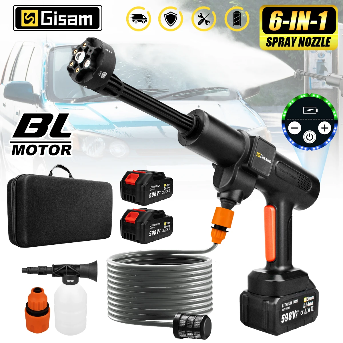 Gisam 200Bar Brushless High Pressure Car Washer 6 IN 1 Electric Car Garden Washing Water Gun Spray Gun for Makita 18V Battery