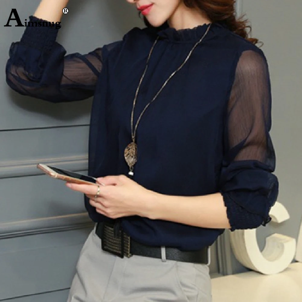 

Plus Size 3xl Women Casual Shirt Mock Neck Blouse Long Sleeves Basic Top Office Ladies Elegant Solid Tunic blusas Femme Clothing