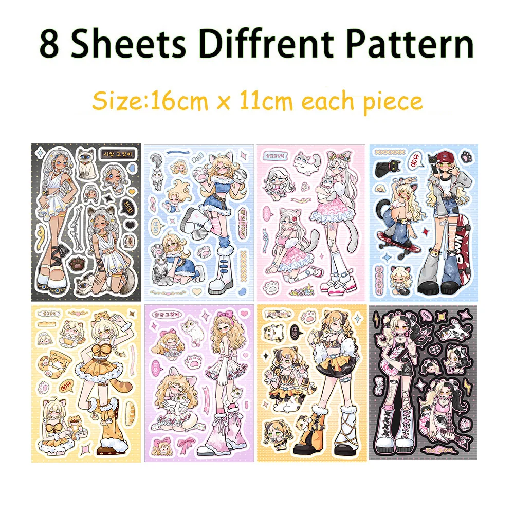 8Pcs Cute K-pop Style Cat Girl Stickers, DIY Collage Sheets for Laptop, Luggage & ScrapbookDecor