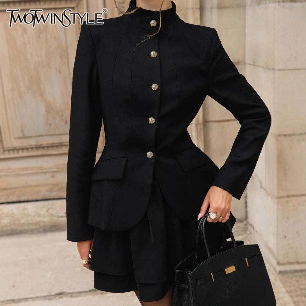 TWOTWINSTYLE Autumn Retro Two Piece Set for Women Stand Collar Slim Long Sleeve Versatile Top Short Skirt Commuter Suits Female
