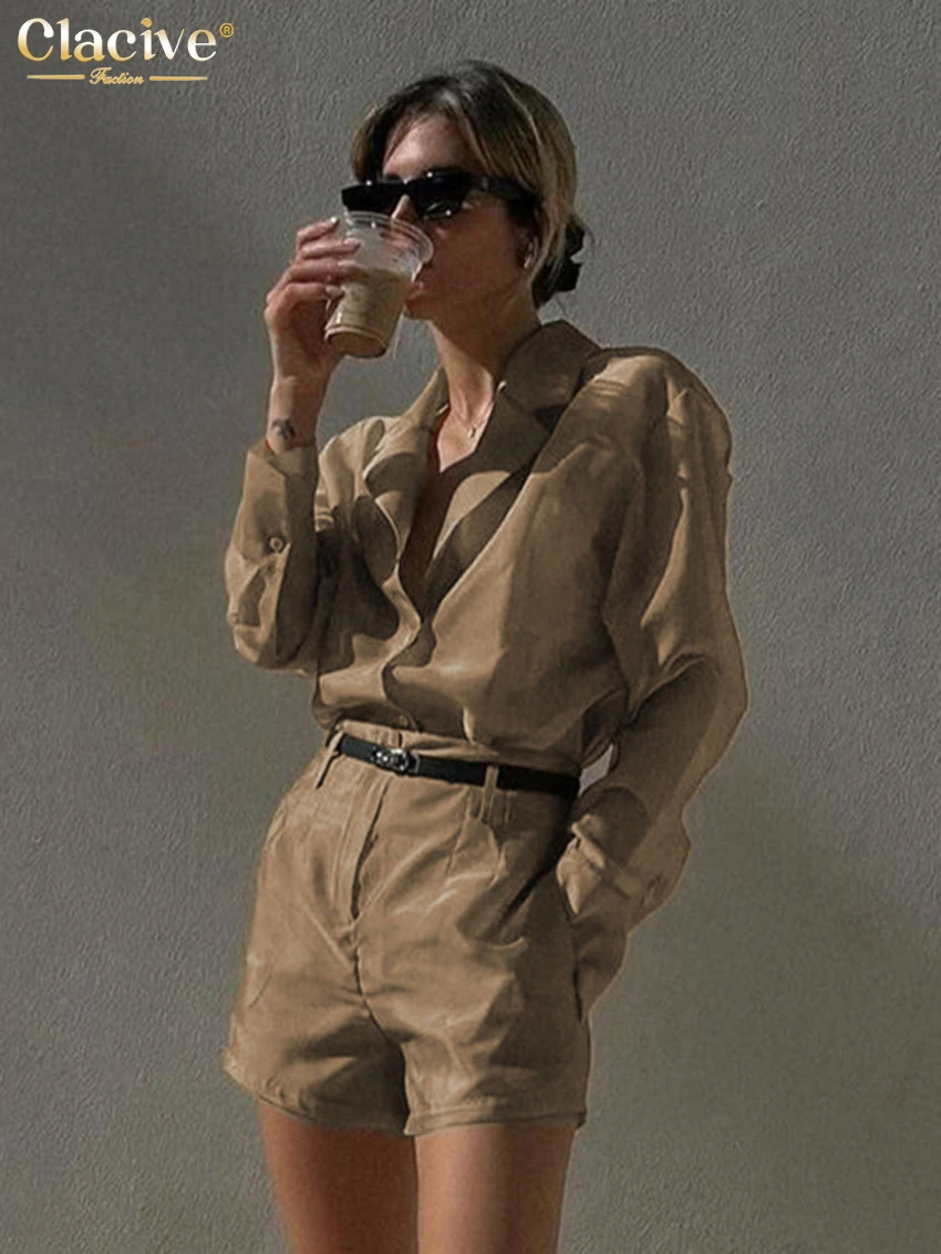 Clacive Fashion Loose Brown 2 Piece Sets Women Outfit 2025 Sexy Long Sleeve Shirt With High Waist Shorts Set Female Streetwear