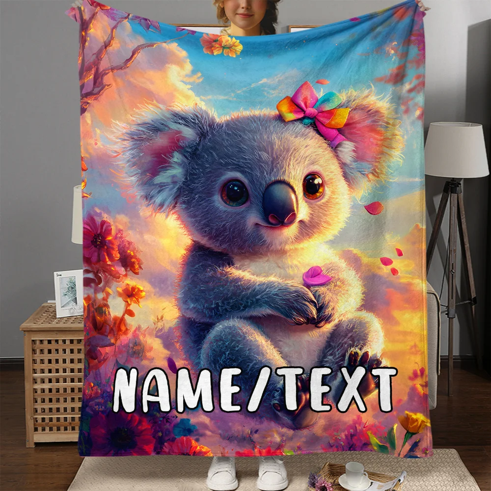 Custom Name Koala Blanket - Soft & Warm Flannel Throw with Vibrant Floral Print | Lightweight, Durable Polyester for Sofa, Bed,