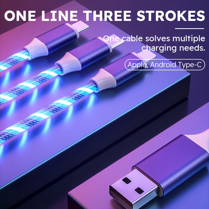 FIRSTING 3 in 1 USB C Fast Charging Cable 3A Type C Multi Port Charging cable with colored lights for Iphone Samsung Xiaomi POCO