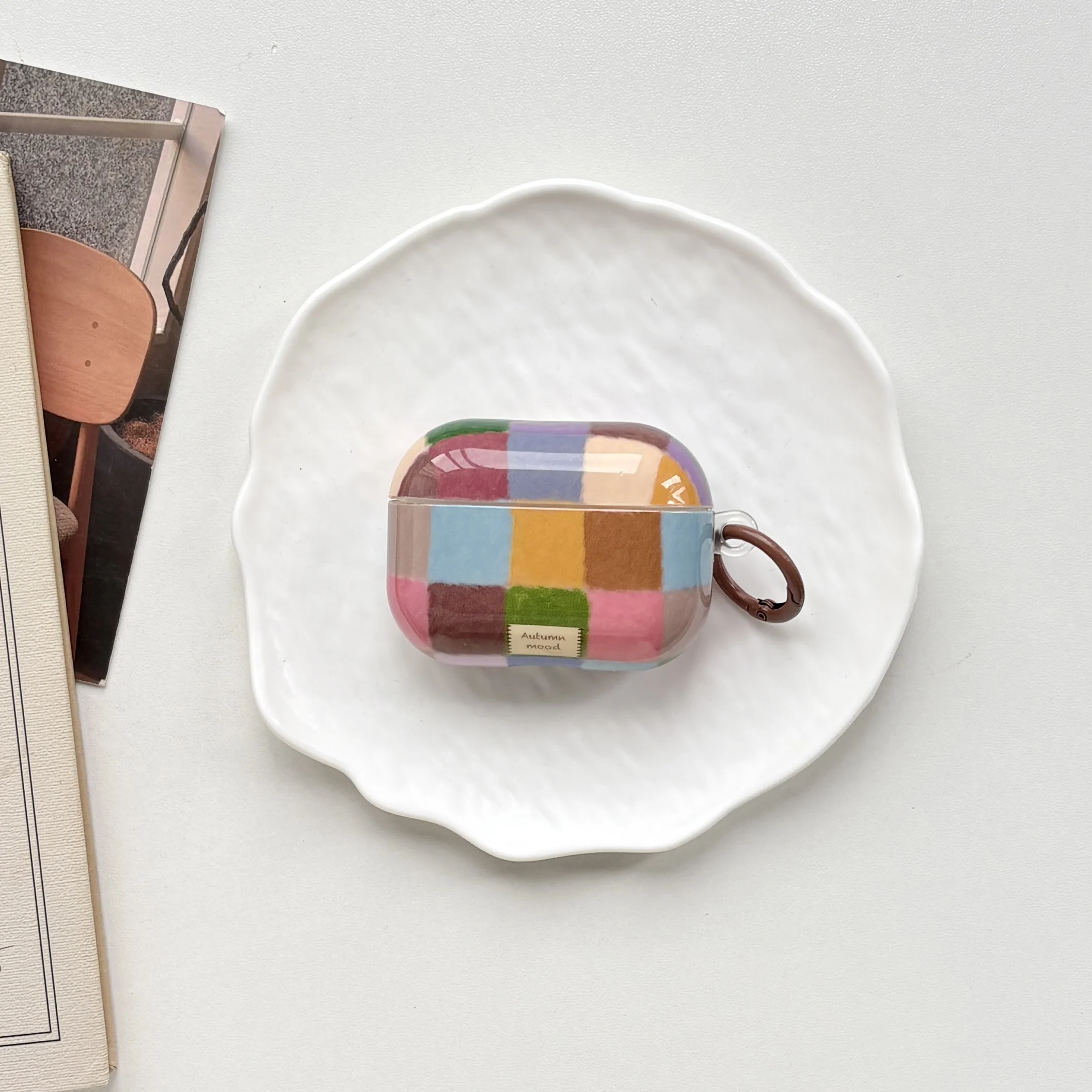 Retro Fashion Colorful Grid Plaid Pattern Protective Earphone Case with Brown Ring Suitable for AirPods 1 2 3 4 5 Pro Pro2 Pro3