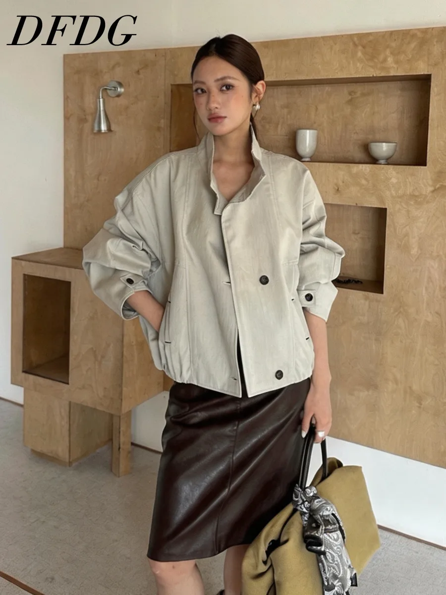 DFDG Women 2026 Autumn Oversized Drop Shoulder Double Breasted Stand Collar Cropped Jacket Loose Casual Street Outerwear Coat