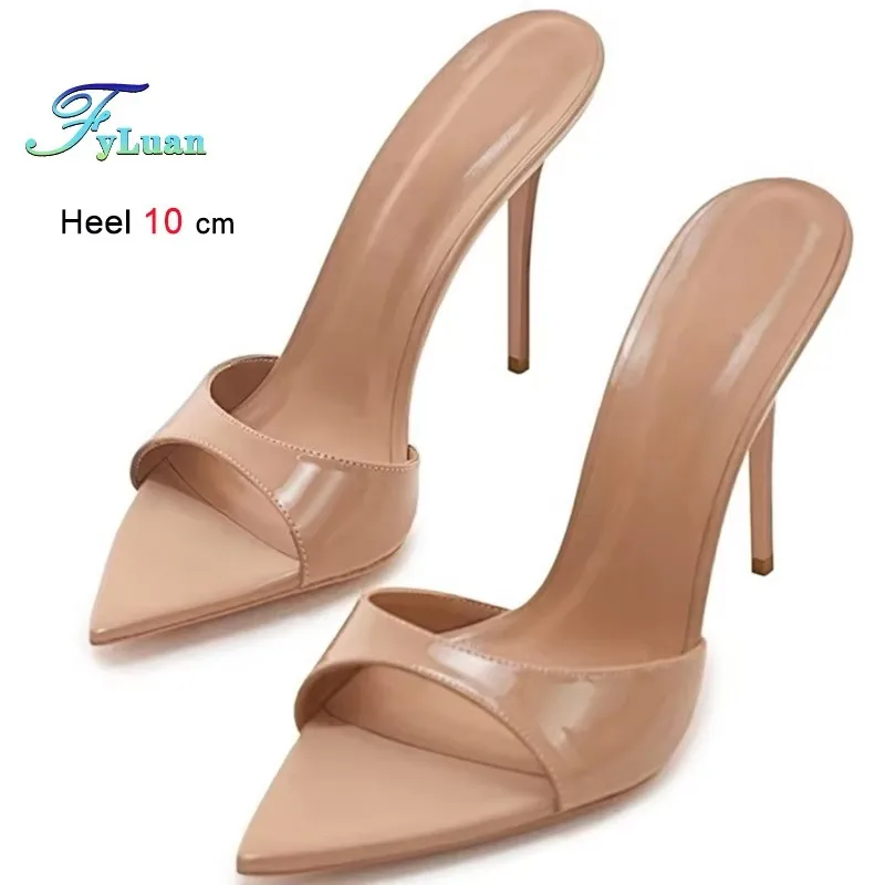 

2025 Черные женские туфли на высоком каблуке с кристаллами 10 см. Тапочки на тонком каблуке с металлическим острым носком. Женские туфли-лодочки с открытым носком.