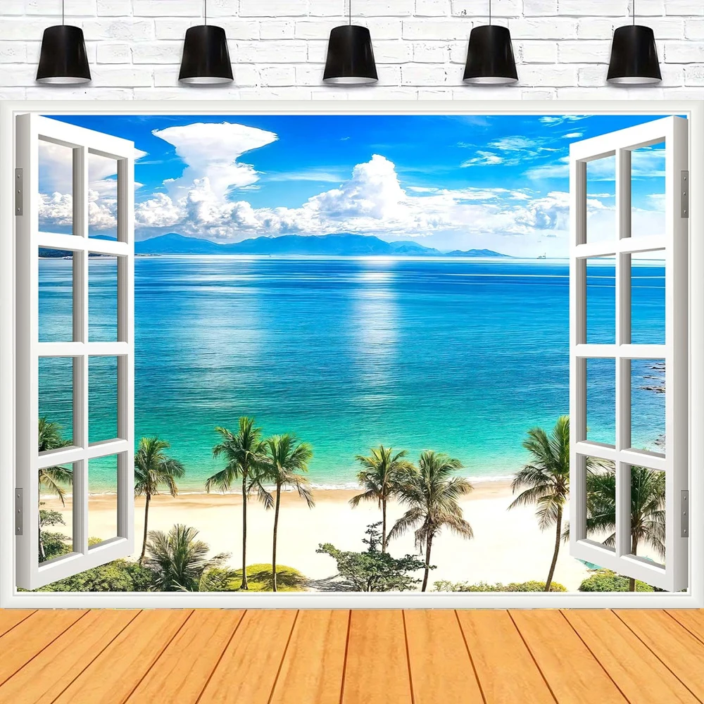 

Фон для фотосъемки: Тропический остров, окно, панорама, кокосовые пальмы, морские волны, пляж, баннер-фон для свадебной вечеринки
