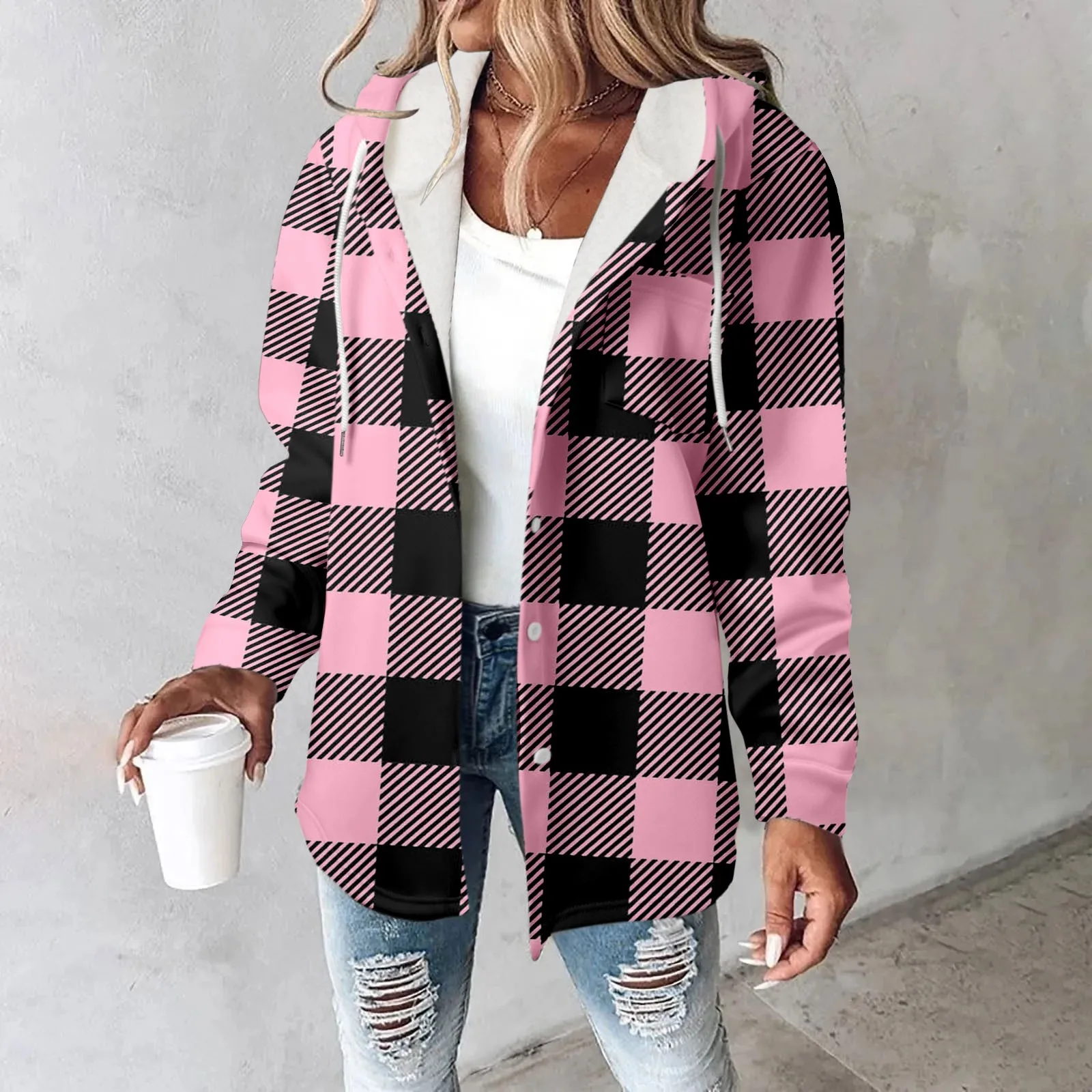 Felpa con cappuccio monopetto scozzese da donna Cappotto Tasca ampia Giacca casual Tasca Fodera in pile Capispalla multiuso