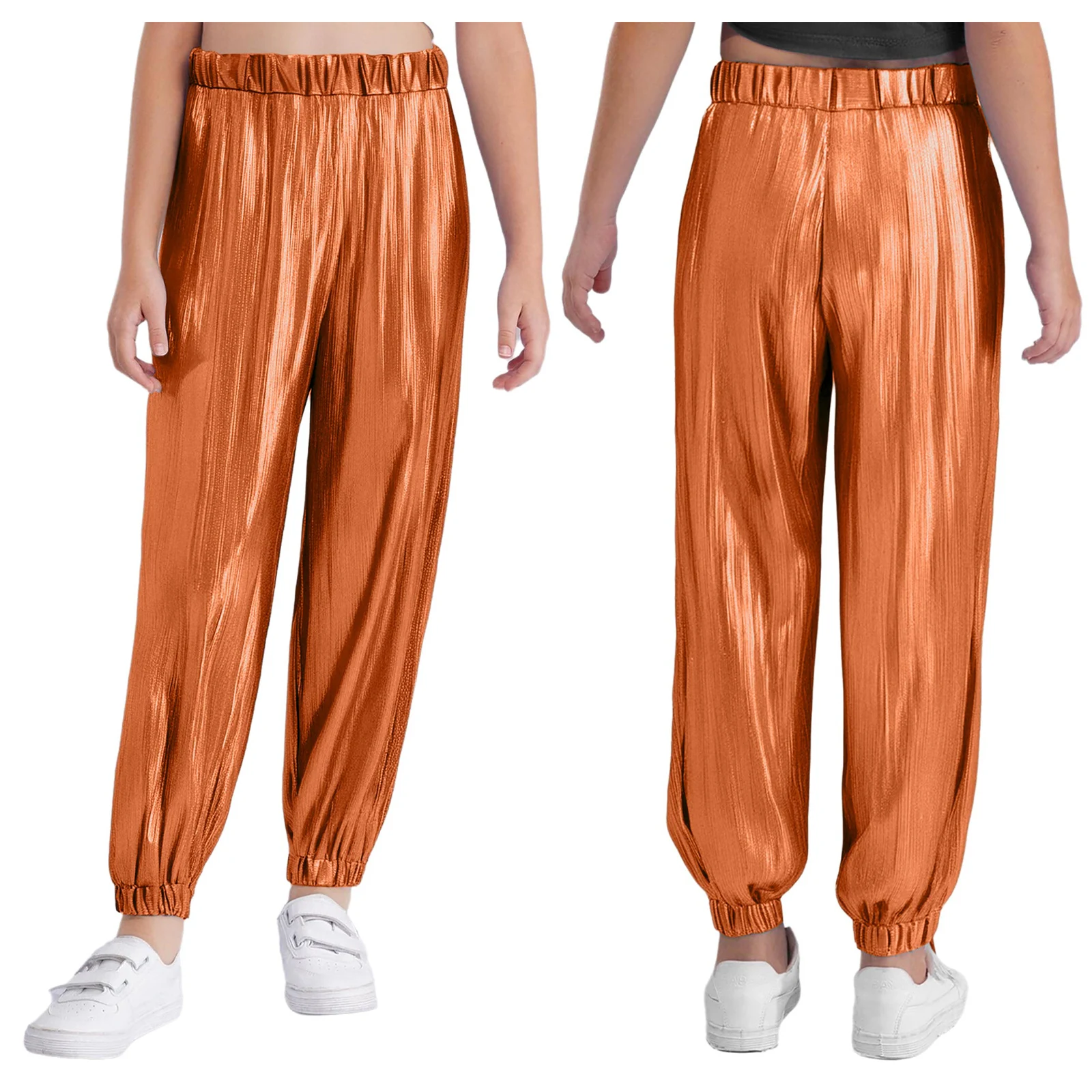 

Kids Girls Jazz Dance Stage Performance Costume Elastic Waistband Metallic Shiny Ribbed Pants Street Dance Shiny Trousers