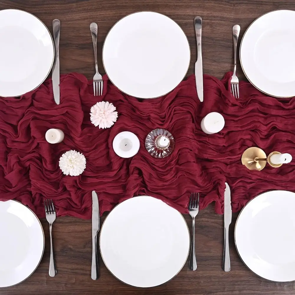 10FT Burgundy Boho Table Runners, Set of 24, 35x120 Inch for Weddings, Parties, and Holidays