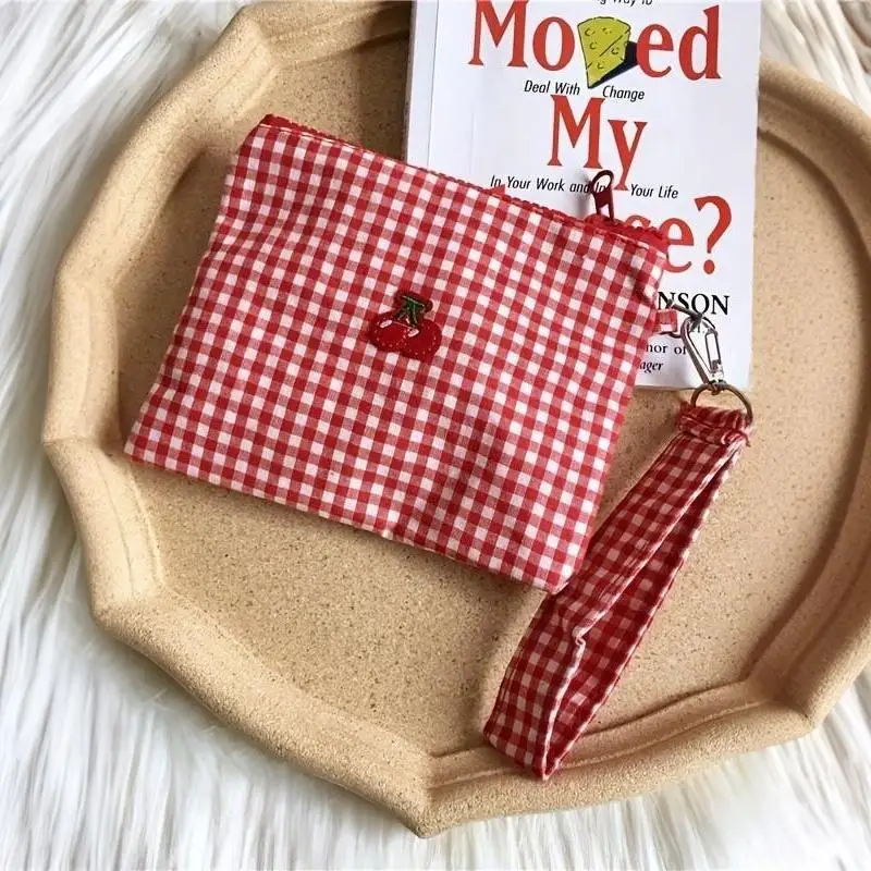 Red Cherry Canvas Makeup Bag Red Plaid Large Capacity Portable Cosmetic Lipstick Storage Pouch For Women Daily Vanity Y2K Gift
