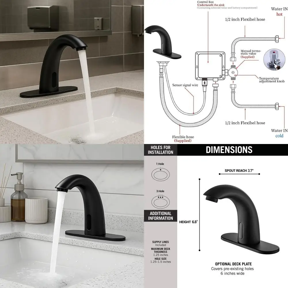

Battery-Powered Touchless Sink Faucet with Motion Sensor for Commercial Restrooms, Matte Black Finish