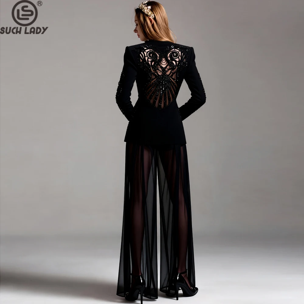 

Women's Black Sequin Blazer & Sheer Wide Leg Pants 2 Piece Suit Set - Elegant Long Sleeve Formal Pant Suit with Back Lace Design