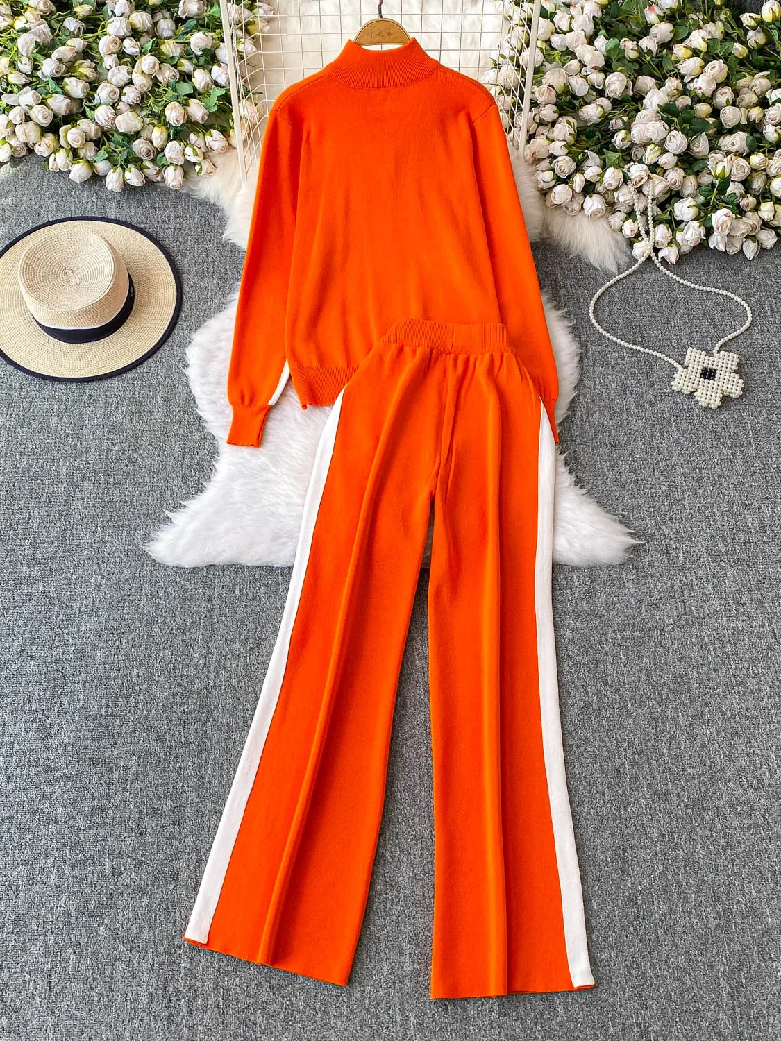 Casual Knitted f-Zipper Stand Collar Women's Faion Set Winter Slimming High Waist Wide Leg Pants Two-Piece Suit Ensemble